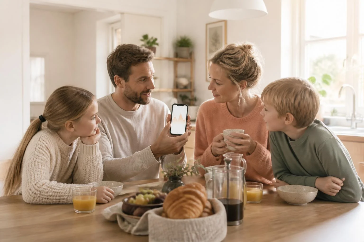 Familj med två vuxna och två barn samlade runt frukostbordet i ett ljust svenskt hem